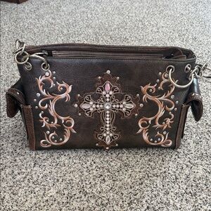 Concealed Carry Brown Cross Shoulder Bag with Scroll Accents